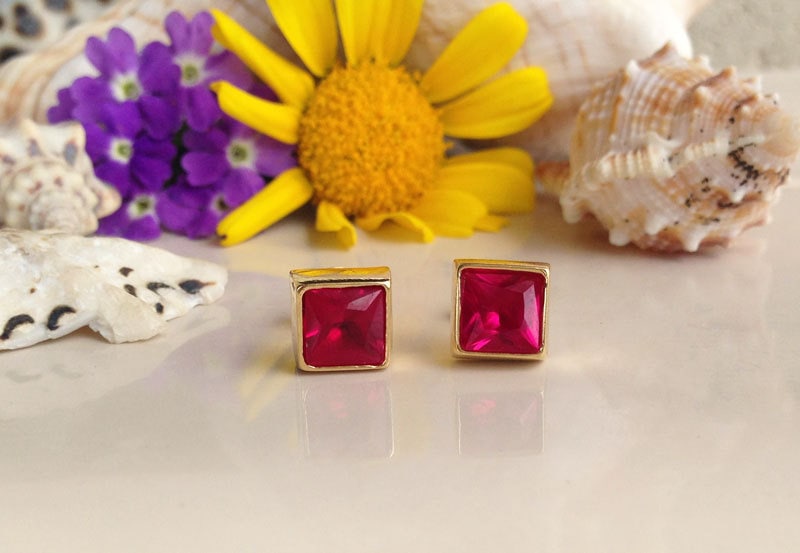 Ruby Earrings - July Birthstone Jewelry - Simple Square Stud Earrings with Ruby Gemstones - H.L.Jewelry