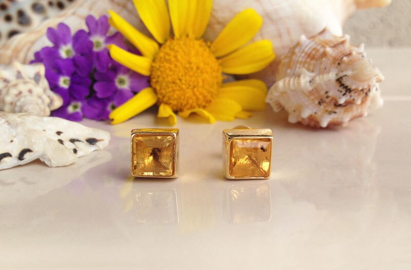 Citrine Earrings - November Birthstone Jewelry - Simple Square Stud Earrings with Citrine Gemstones - H.L.Jewelry