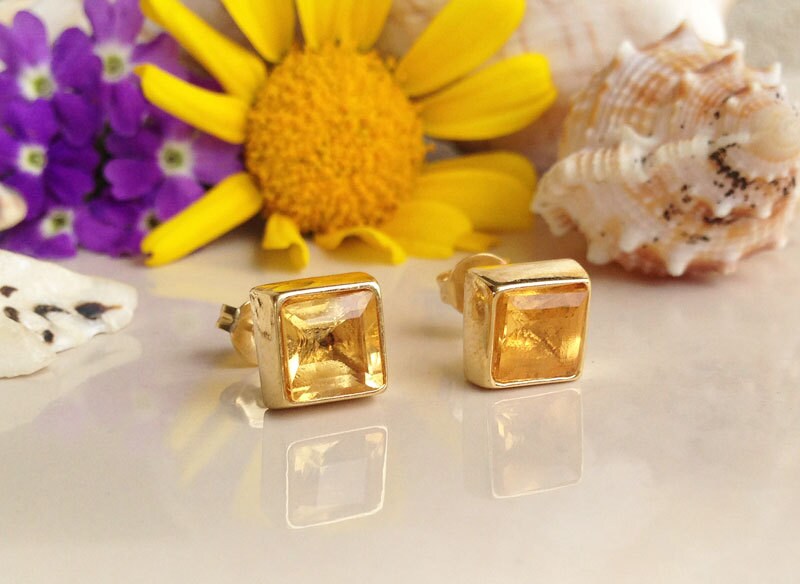 Citrine Earrings - November Birthstone Jewelry - Simple Square Stud Earrings with Citrine Gemstones - H.L.Jewelry