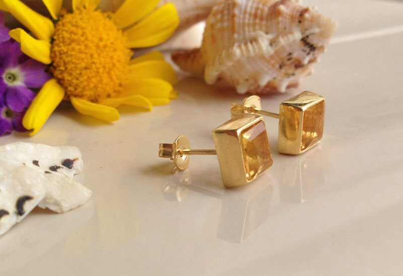 Citrine Earrings - November Birthstone Jewelry - Simple Square Stud Earrings with Citrine Gemstones - H.L.Jewelry