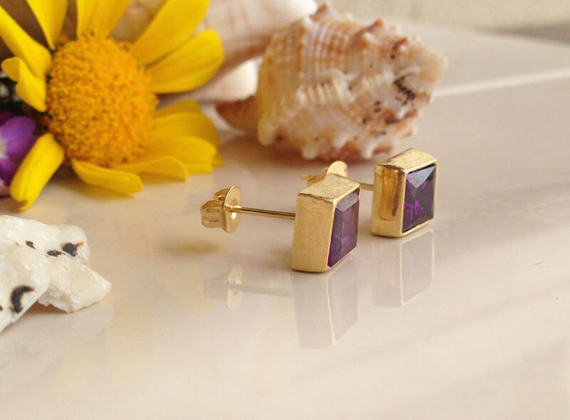 Purple Amethyst Earrings - February Birthstone - Purple Amethyst Gemstone Square Stud Earrings - H.L.Jewelry