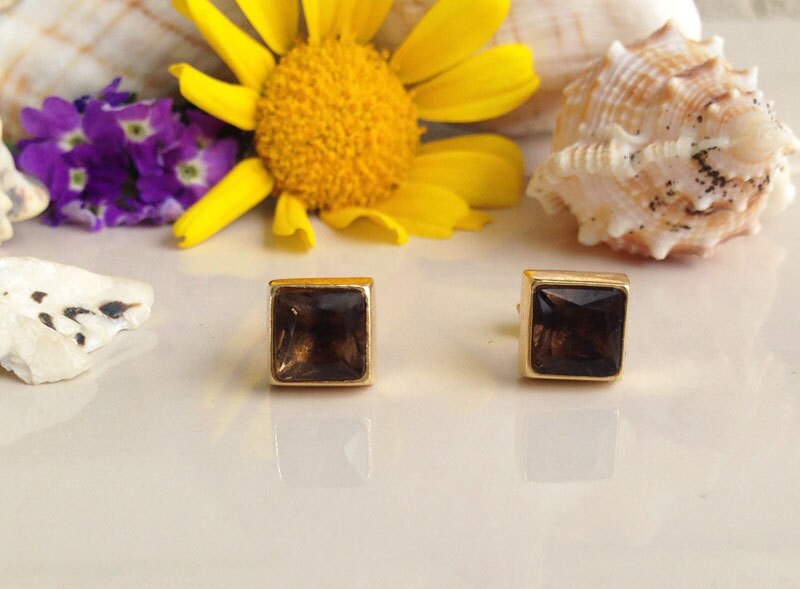 Smoky Quartz Earrings - Smoky Quartz Gemstone Simple Square Stud Earrings - H.L.Jewelry