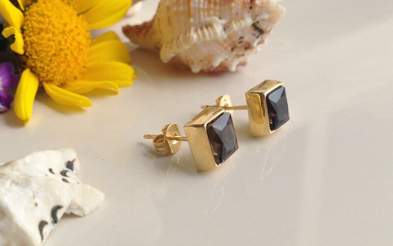 Smoky Quartz Earrings - Smoky Quartz Gemstone Simple Square Stud Earrings - H.L.Jewelry