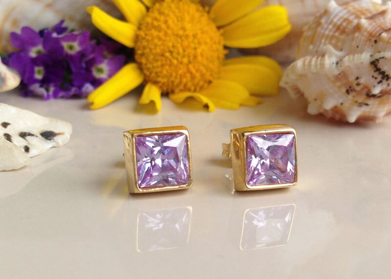 Lavender Amethyst Earrings - Simple Square Stud Earrings with Lavender Amethyst Gemstones - H.L.Jewelry