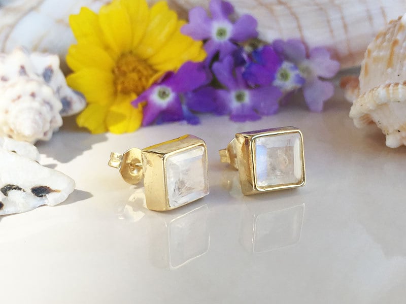 Rainbow Moonstone Simple Square Stud Earrings - June Birthstone - H.L.Jewelry