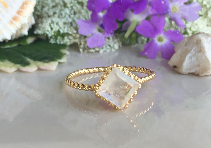 Rainbow Moonstone Ring - Gold Ring - Square Band - Genuine Gemstone - Stacking Ring - June Ring - Simple Jewery - Twist Ring - Bezel Ring - H.L.Jewelry