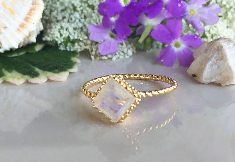 Rainbow Moonstone Ring - Gold Ring - Square Band - Genuine Gemstone - Stacking Ring - June Ring - Simple Jewery - Twist Ring - Bezel Ring - H.L.Jewelry