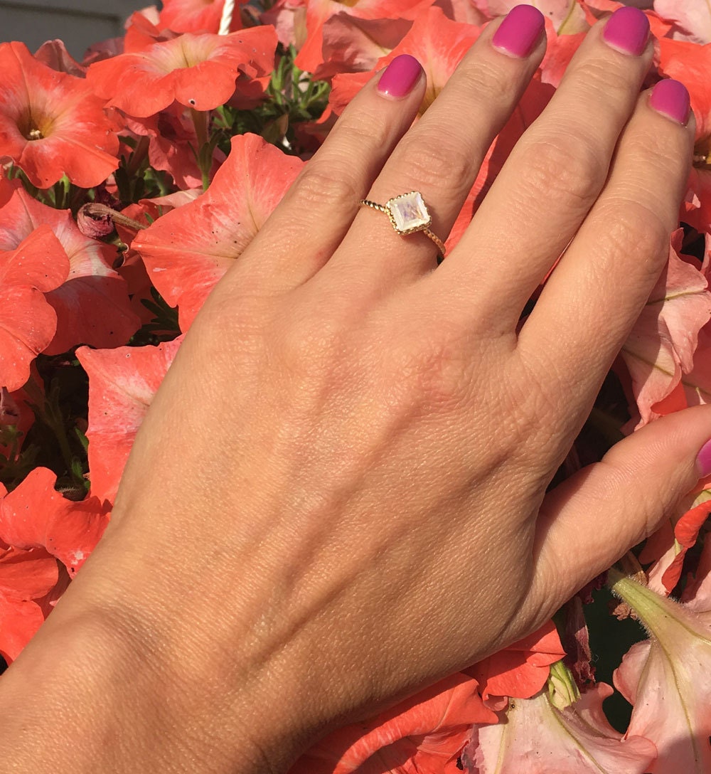 Rainbow Moonstone Ring - Gold Ring - Square Band - Genuine Gemstone - Stacking Ring - June Ring - Simple Jewery - Twist Ring - Bezel Ring - H.L.Jewelry