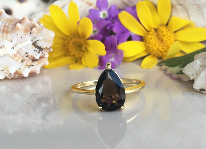 Smoky Quartz Ring - Gold Ring - Teardrop Ring - Smoky Topaz Ring - Simple Jewelry - H.L.Jewelry