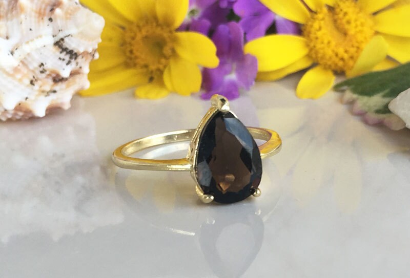 Smoky Quartz Ring - Gold Ring - Teardrop Ring - Smoky Topaz Ring - Simple Jewelry - H.L.Jewelry