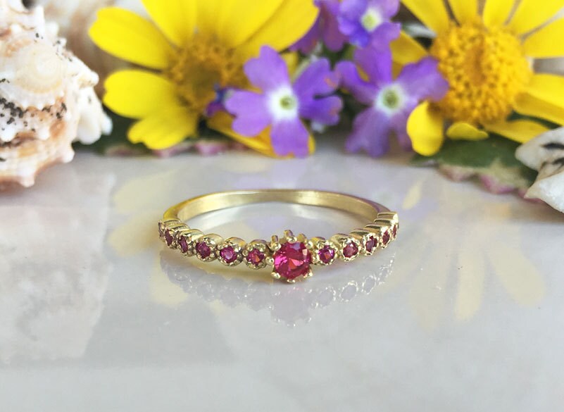 Ruby Ring - Gold Ring - Stack Ring - Half Eternity Ring - July Birthstone - Delicate Ring - H.L.Jewelry