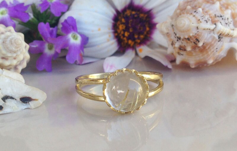 Rutilated Quartz Ring - Gold Ring - Round Crown Ring - Gemstone Ring - Golden Stone Ring - Simple Ring - H.L.Jewelry