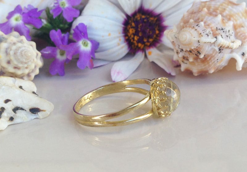 Rutilated Quartz Ring - Gold Ring - Round Crown Ring - Gemstone Ring - Golden Stone Ring - Simple Ring - H.L.Jewelry