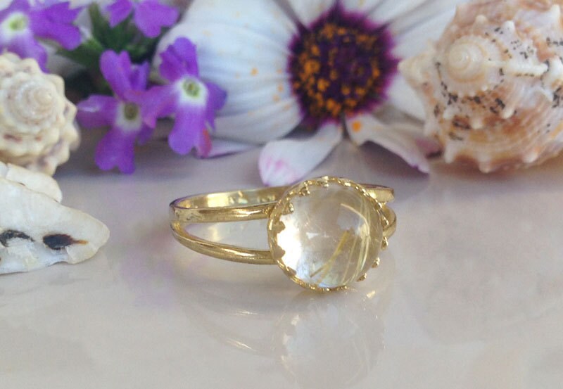 Rutilated Quartz Ring - Gold Ring - Round Crown Ring - Gemstone Ring - Golden Stone Ring - Simple Ring - H.L.Jewelry