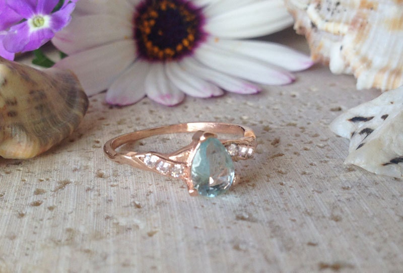 Aquamarine Ring - March Birthstone - Tiny Delicate Ring with Pear-Shaped Aquamarine and Clear Quartz Accents - H.L.Jewelry