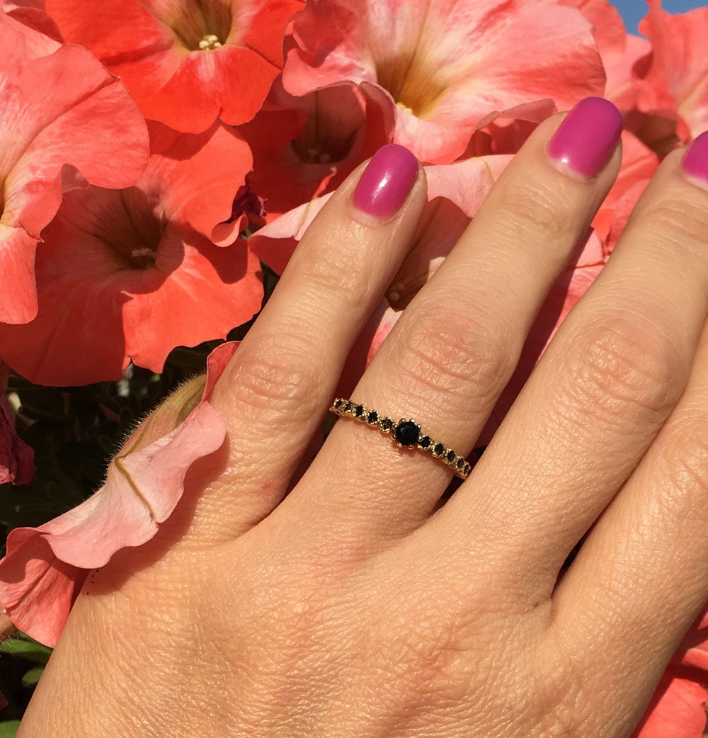 Black Onyx Ring - December Birthstone - Delicate Stacking Ring with Thirteen Round Black Onyx Gemstones - H.L.Jewelry