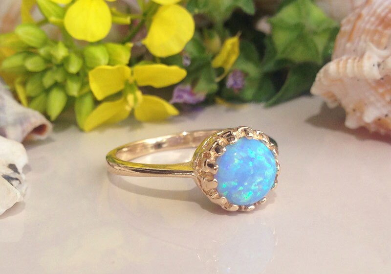 Blue Opal Ring - October Birthstone - Beautiful Blue Opal Gemstone Round Crown Ring - H.L.Jewelry