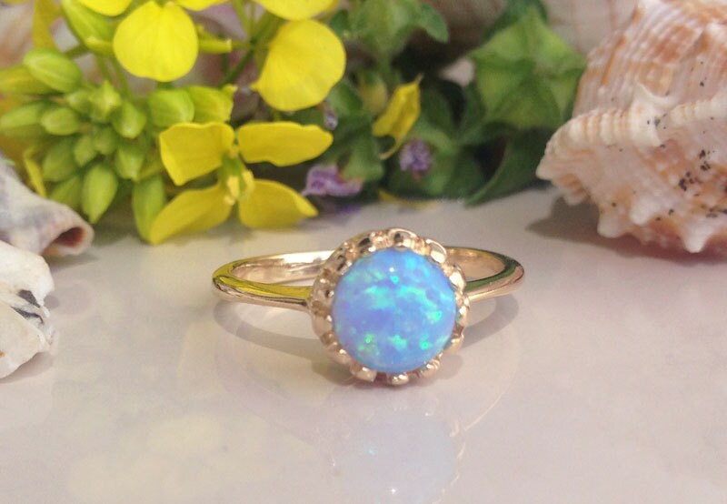 Blue Opal Ring - October Birthstone - Beautiful Blue Opal Gemstone Round Crown Ring - H.L.Jewelry