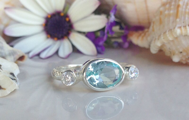 Aquamarine Ring - March Birthstone - Oval Aquamarine Ring and Clear Quartz Accents - H.L.Jewelry