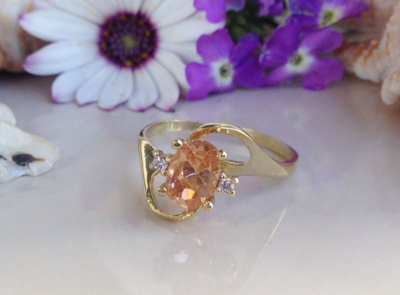 Citrine Ring - November Birthstone - Tiny Delicate Ring with Oval Citrine and Clear Quartz Accents - H.L.Jewelry