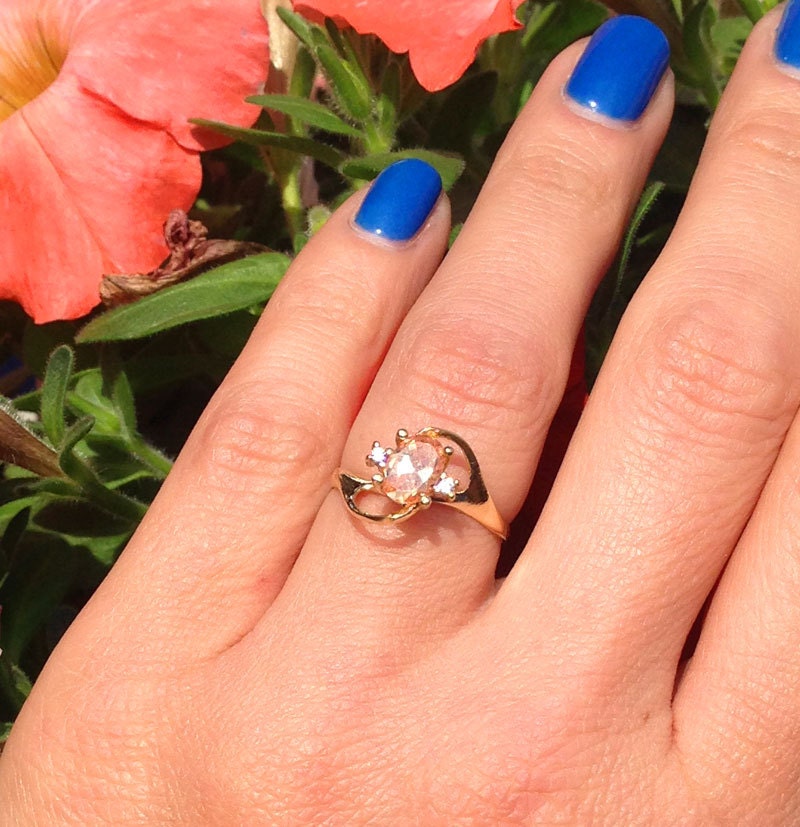 Citrine Ring - November Birthstone - Tiny Delicate Ring with Oval Citrine and Clear Quartz Accents - H.L.Jewelry