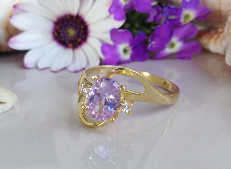 Lavender Amethyst Ring - Delicate Ring with Oval Lavender Amethyst Gemstone and Clear Quartz Accents - H.L.Jewelry