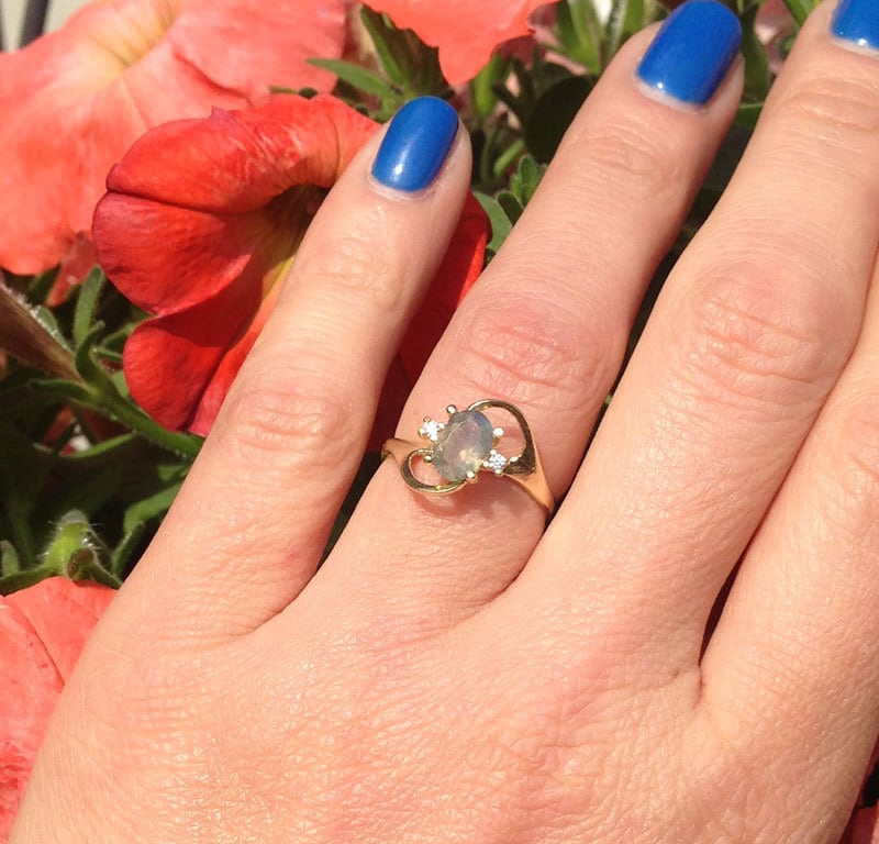 Labradorite Ring - Delicate Ring with Oval Labradorite Gemstone and Clear Quartz Accents - H.L.Jewelry