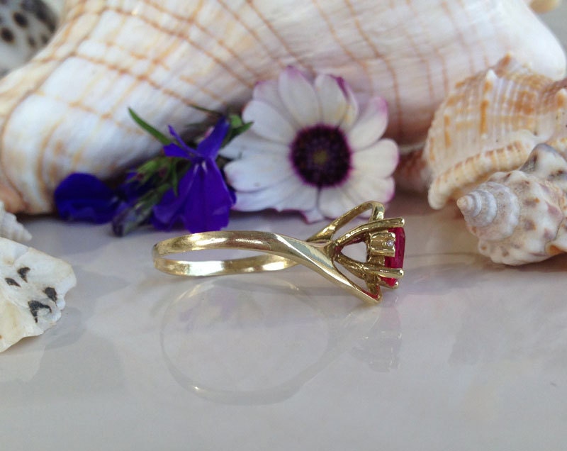 Ruby Ring - July Birthstone Jewelry - Delicate Ring with Oval Ruby Gemstone and Clear Quartz Accents - H.L.Jewelry