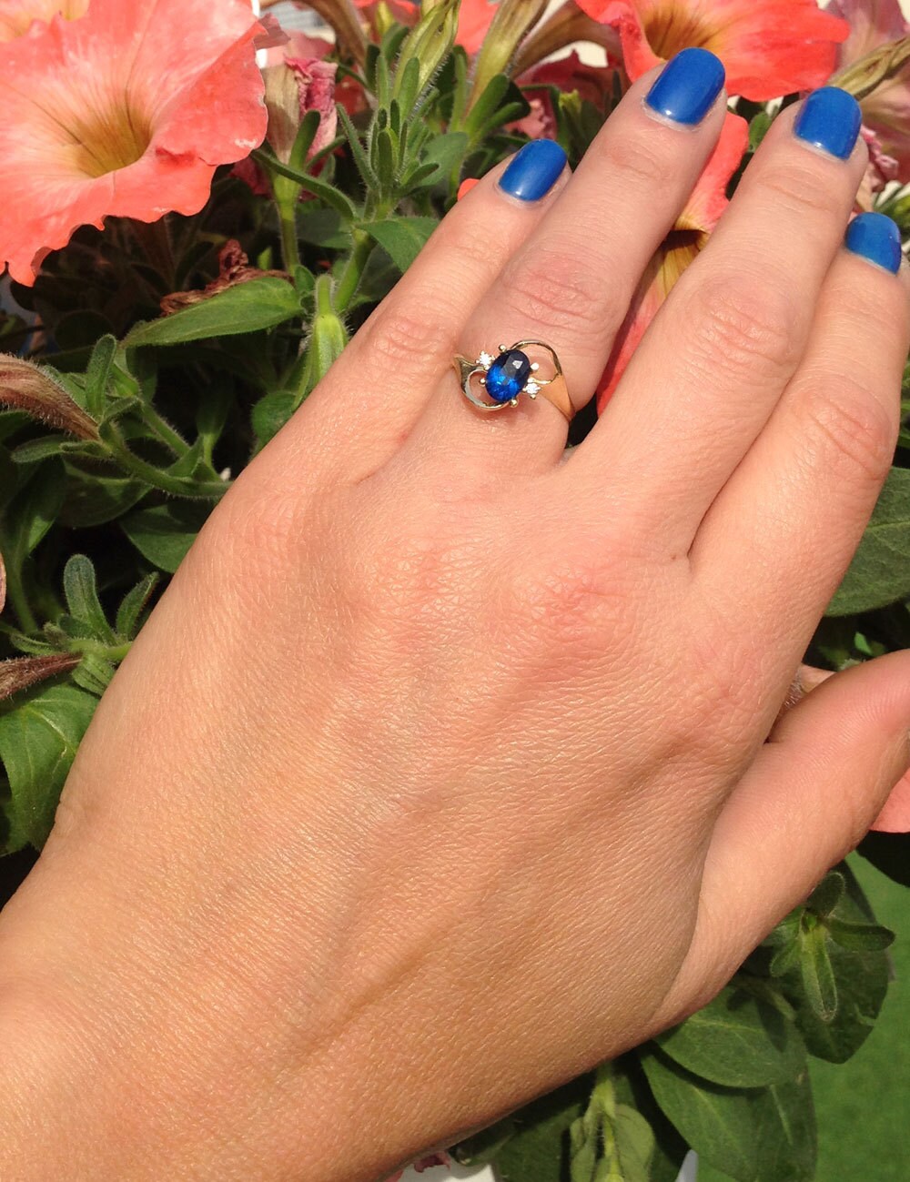 Blue Sapphire Ring - September Birthstone - Oval Blue Sapphire Ring with Clear Quartz Accents - H.L.Jewelry