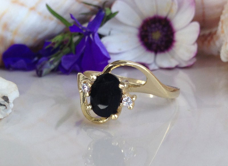 Black Onyx Ring - December Birthstone - Delicate Oval Black Onyx Ring with Clear Quartz Accents - H.L.Jewelry