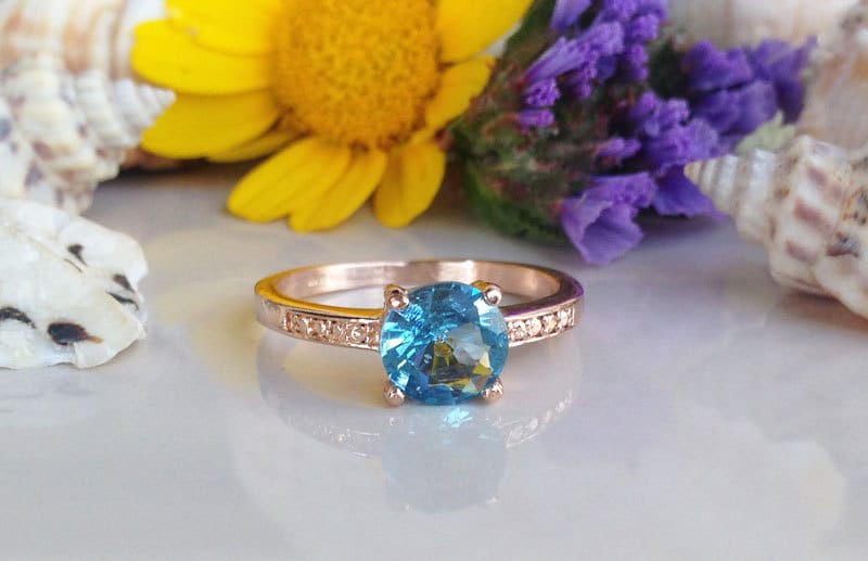 Blue Topaz Ring - December Birthstone - Round Blue Topaz Gemstone Simple Ring with Imitation Stones - H.L.Jewelry