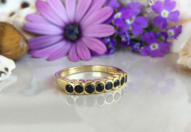 Black Onyx Ring - December Birthstone - Stacking Ring with Eight Round Black Onyx Gemstones - H.L.Jewelry