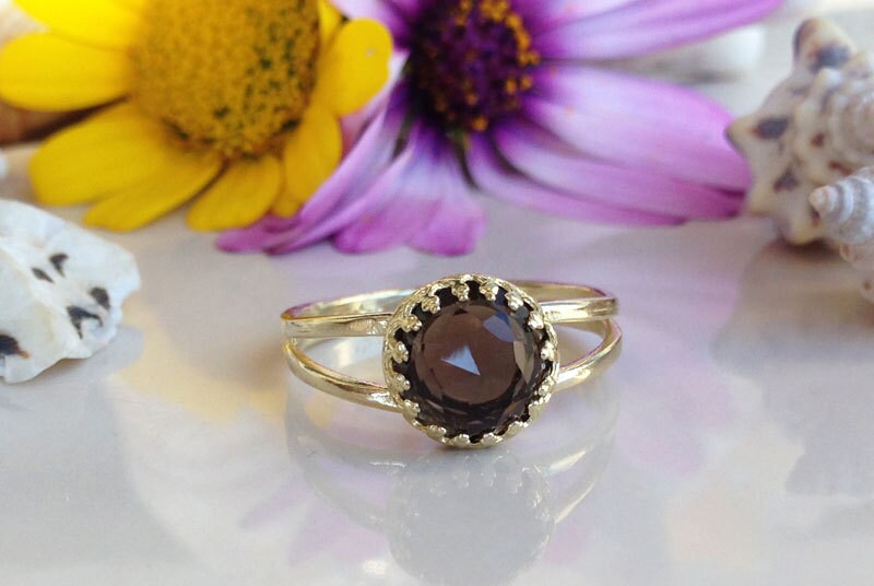 Smoky Quartz Ring - Gold Ring - Dainty Ring - Round Crown Ring - Smoky Topaz Ring - H.L.Jewelry