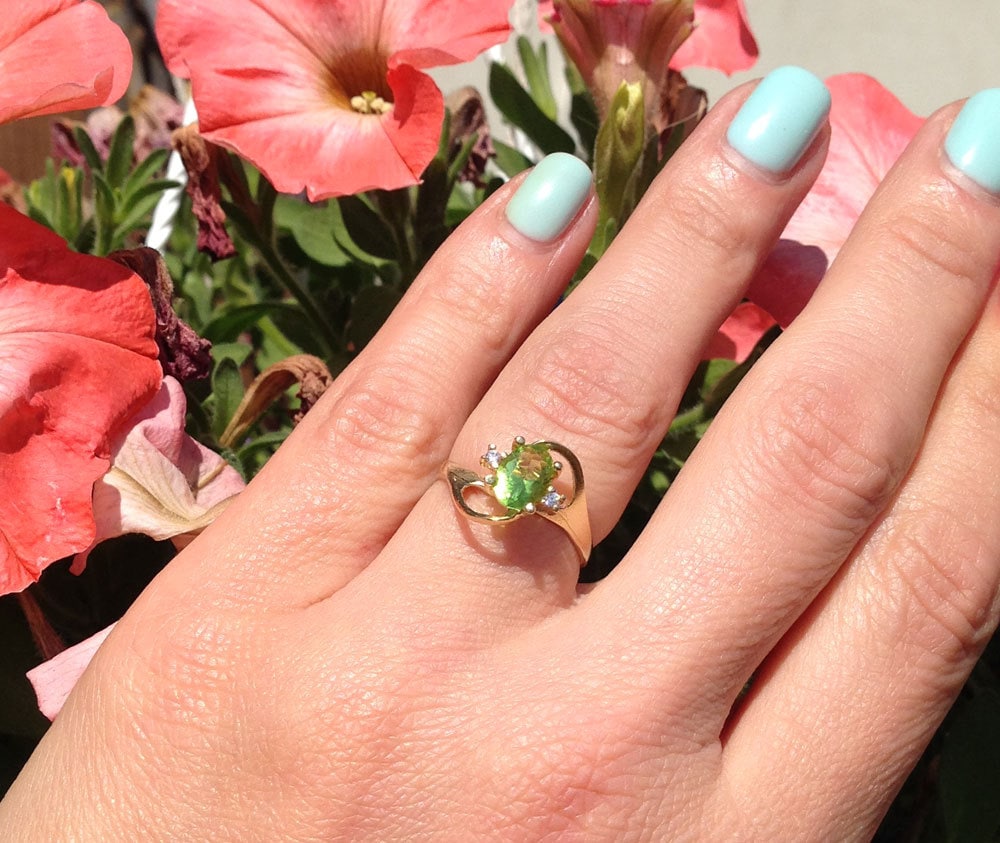 Peridot Ring - August Birthstone - Delicate Ring with Oval Peridot Gemstone and Clear Quartz Accents - H.L.Jewelry