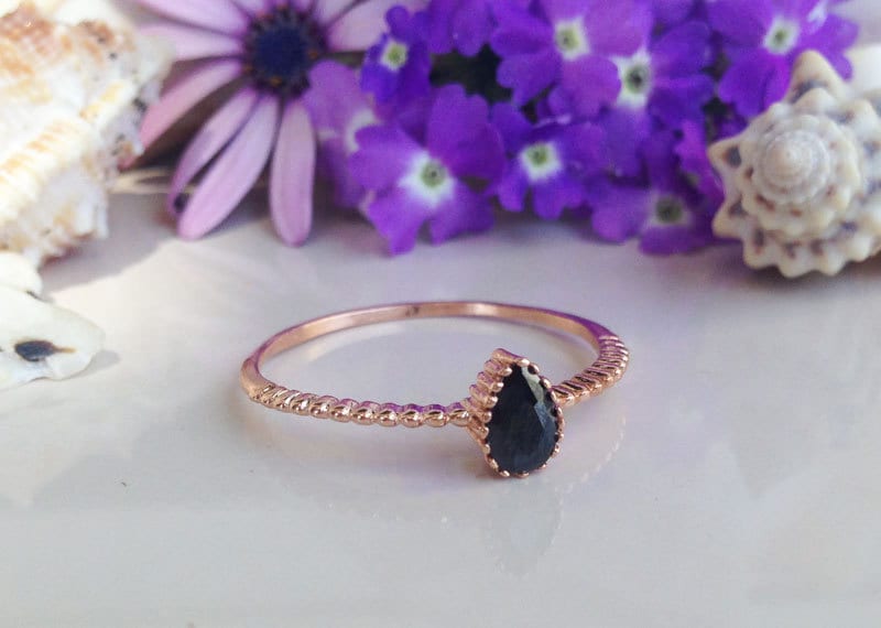 Black Onyx Ring - December Birthstone - Delicate Ring with Pear-Shaped Black Onyx Stone - H.L.Jewelry